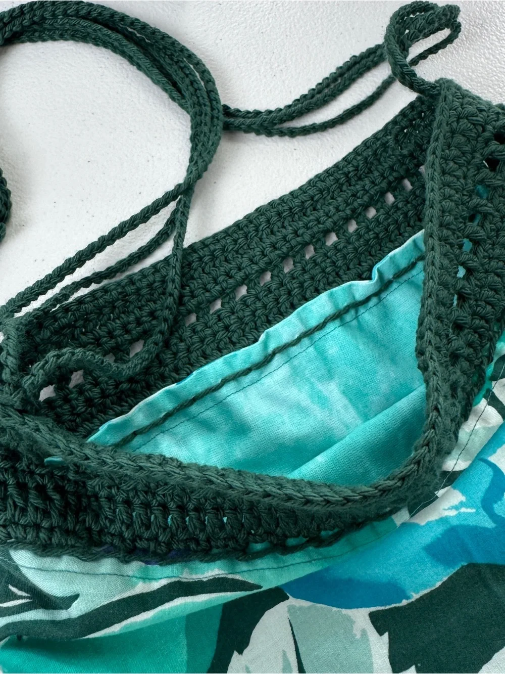 Handmade Crochet Fabric Shoulder Bag Boho Tropical Leaf Print Dark Green